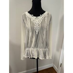 Arden B. White Sheer Long-Sleeved Peplum Blouse with Lace and Pintuck Details
